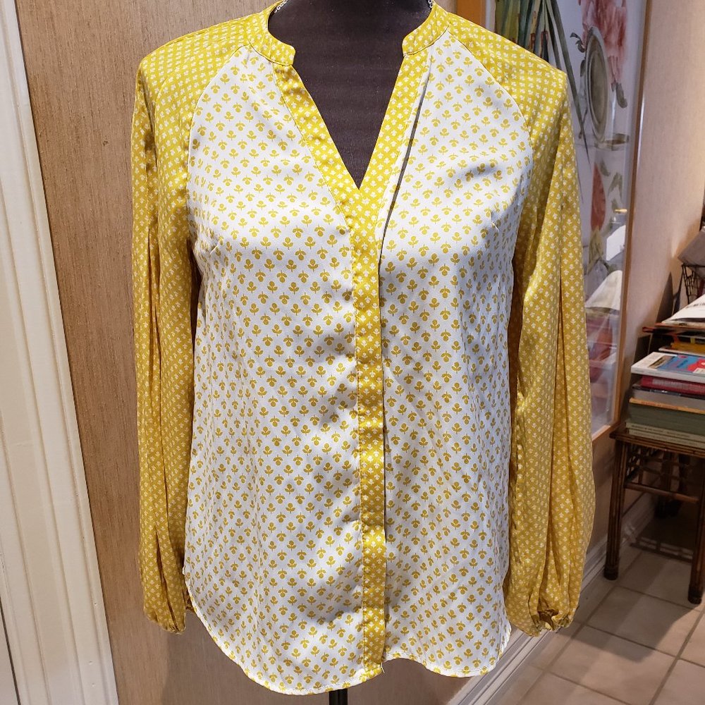 Boden Yellow & White Print Blouse with Long Sleeves -  Sz 2